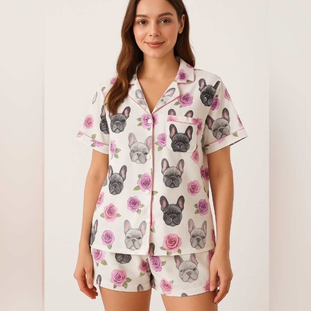 NEW French Bulldog & Roses Boxer Pajama Set L Frenchies PJ